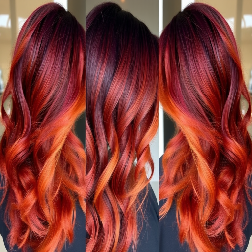 Stunning hair style featuring a vibrant ombre effect transitioning from deep burgundy roots to fiery copper tips with loose beachy waves cascading down the shoulders
