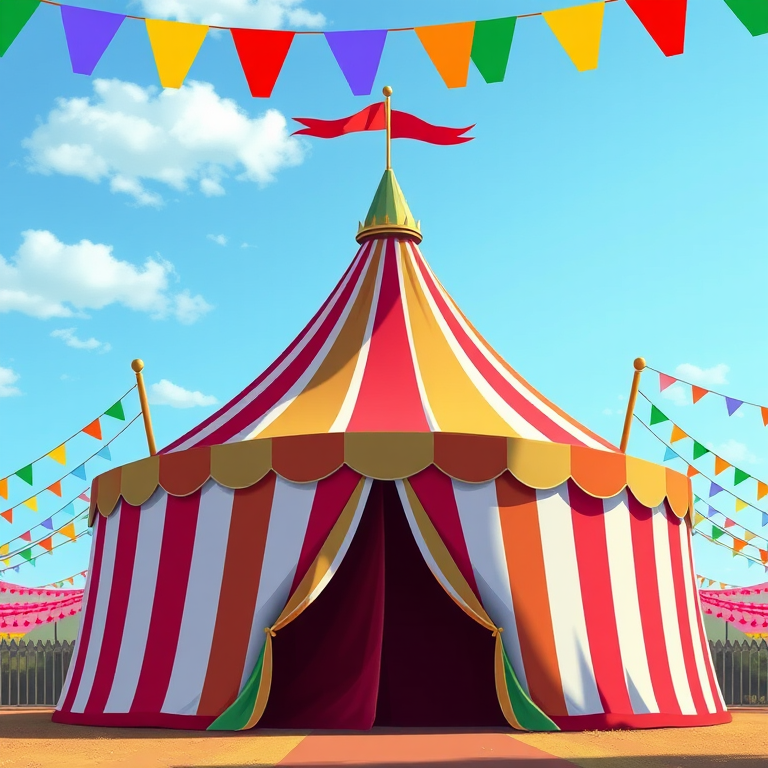 Create an illustration of a vibrant circus tent with red and green stripes, surrounded by colorful bunting, shot with a DSLR camera at f/8 aperture, ISO 100, 24mm wide-angle lens, and natural daylight to enhance image clarity and color saturation.