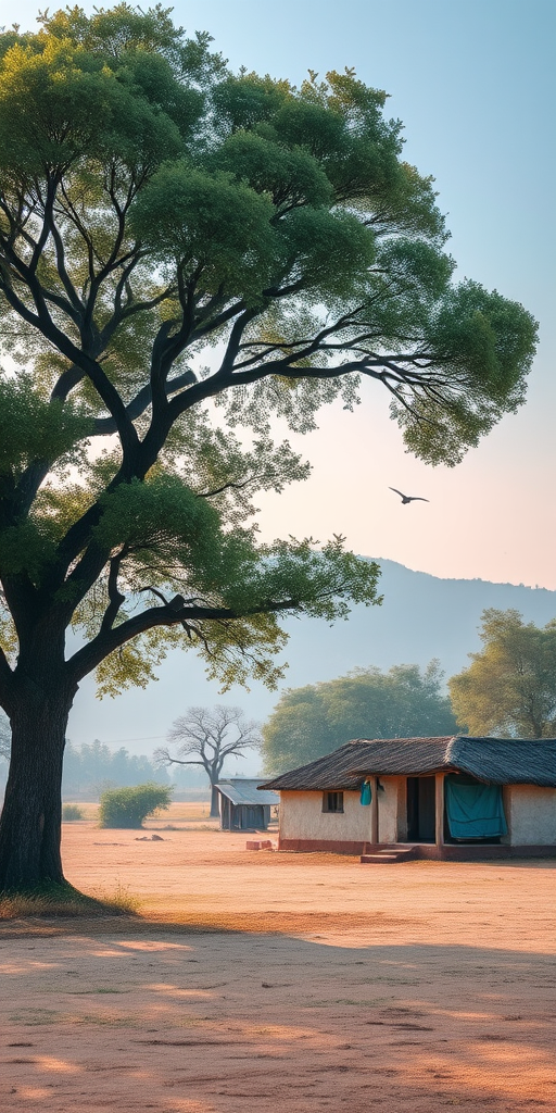 regenerate a serene landscape featuring a large tree on the left with a small hut in the background, soft pastel colors, clear sky with a few birds, camera settings: ISO 100, aperture f/8, shutter speed 1/250s, camera view: wide-angle, camera style: watercolor effect, camera type: digital SLR