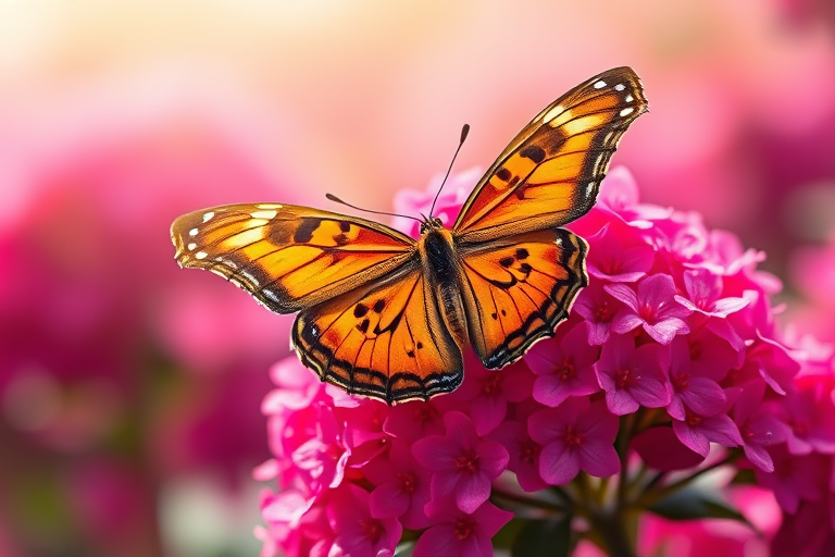 Generate an image of a butterfly resting on a vibrant cluster of pink flowers, with a soft, blurred background that suggests a warm, sunny day. The butterfly should display intricate patterns on its wings, highlighting shades of orange and brown, while the flowers are lush and full, adding a touch of nature's beauty to the scene.