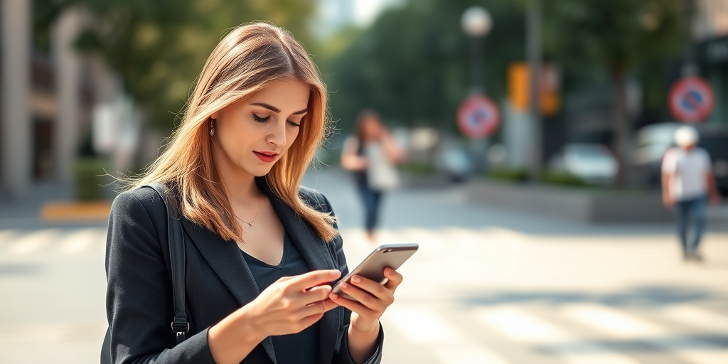 a woman in a black blazer looking at her smartphone in an urban environment, natural lighting, shallow depth of field, 85mm lens, f/1.8 aperture, ISO 100, shot at 1/2000 sec, captured with a DSLR camera