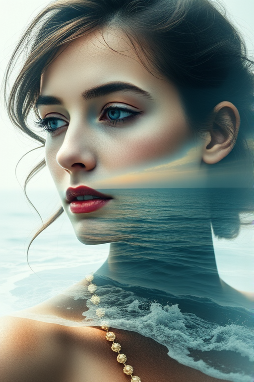 this photo is Book cover, A surreal double exposure portrait that blends a woman's face with a beautiful seascape. The overall mood is dreamy and mystical, with rich colors and intricate details