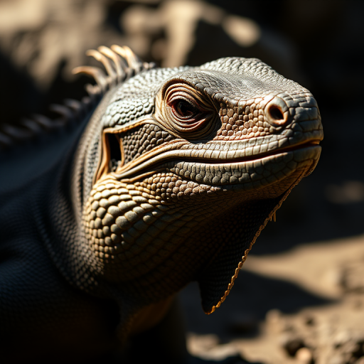 A close-up shot of a Komodo dragon partially in shadow with dramatic lighting, using a DSLR camera, 50mm lens, f/1.8 aperture, ISO 200, 1/250 sec shutter speed, and natural light to enhance the contrast and texture.