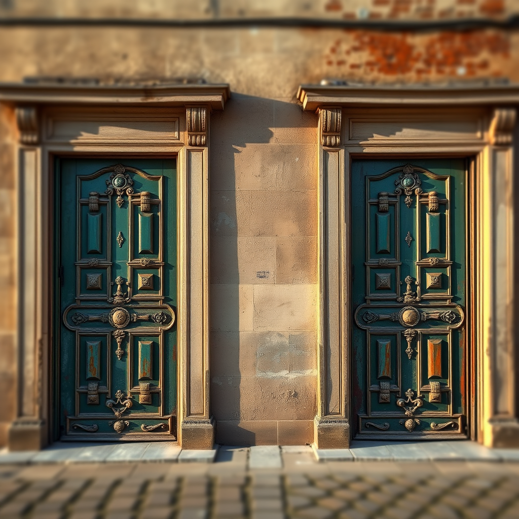 regenerate the image of two vintage doors with ornate details on an ancient building, captured using a Canon EOS R5, 24mm lens, aperture f/8, ISO 100, at sunrise for soft lighting, slight tilt-shift effect to create depth, focus on architectural elements and textures