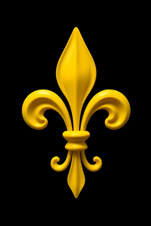 Create a high-resolution image of a yellow fleur-de-lis on a solid black background, captured with a DSLR camera at f/2.8, 50mm focal length, ISO 100, using a shallow depth of field for a striking contrast and enhanced detail.