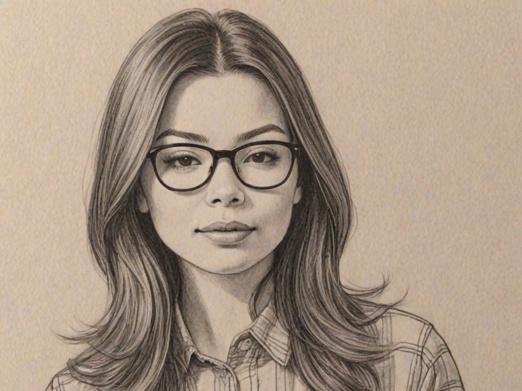 Fascinating Miranda Cosgrove, pencil sketch, portrait of Gorgeous woman 1977s in glasses, hair style beatnik, outline, clear lines, fine lines, 8k
