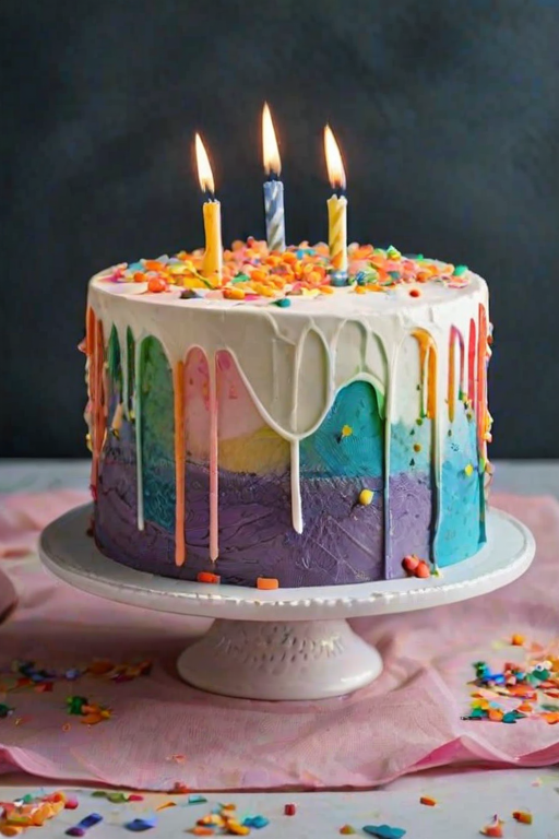 Create an image of a rectangular cake with a smooth white surface. The cake should have a vibrant, colorful design that appears to be flowing or cascading from one side. Incorporate swirling layers of rainbow colors such as pink, orange, yellow, green, blue, and purple. Add small decorative elements like stars and confetti scattered around the base of the cake to enhance the festive look. The background should be plain and simple to keep the focus on the cake.