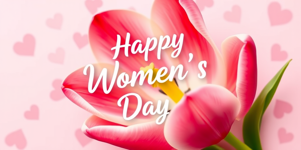create a digital illustration of a tulip flower with the text "Happy Women's Day" in modern typography, featuring the number 8 creatively integrated, use a soft pastel background with heart patterns, captured in high resolution with a Canon EOS R camera, aperture f/2.8, ISO 100, 50mm lens, overhead view, vibrant color grading.