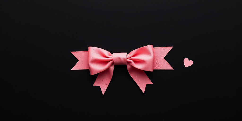 Create a minimalist design featuring a bow and hearts on a solid black background, shot with a DSLR camera at f/2.8 aperture, ISO 100, 50mm lens, shallow depth of field, top-down view, high contrast lighting.