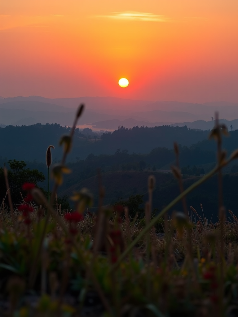 Create a high-resolution image of a serene landscape with a sunset background, using a Canon EOS R5 camera, 24mm lens, f/8 aperture, 1/125 sec shutter speed, ISO 100, shot from a low angle to capture foreground details and vibrant colors.