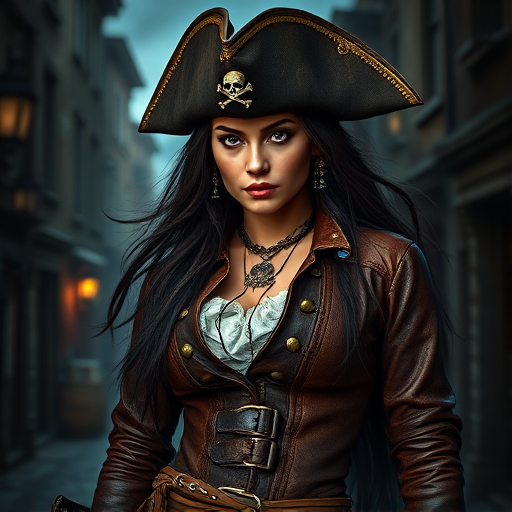 Create a portrait of a fierce female pirate. She wears a leather tricorn hat adorned with a skull and crossbones emblem, and her long, dark hair flows around her face. Her outfit consists of a richly detailed leather jacket, a corset, and multiple layers of belts and accessories, giving her a formidable and stylish appearance. She stands confidently in a dimly lit, historic port town, with a backdrop of weathered buildings and cobblestone streets, capturing the adventurous spirit of a pirate.