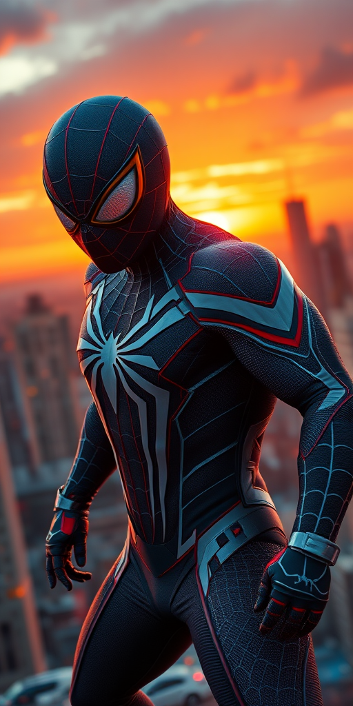 Create a detailed image of a superhero in a dynamic pose, showcasing intricate web patterns on the suit, against a vibrant cityscape background during sunset; camera settings: ISO 200, aperture f/4, shutter speed 1/500s; camera view: wide-angle; camera style: cinematic; camera type: DSLR.