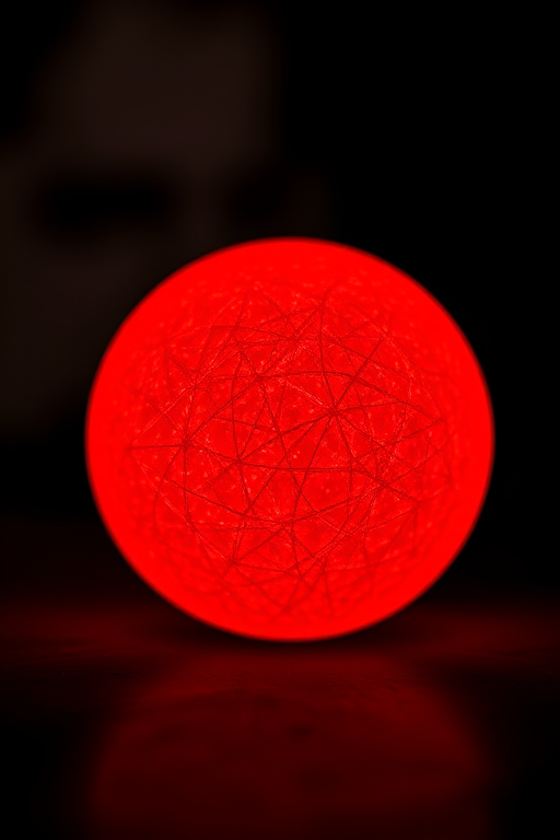 create a highly detailed, glowing red sphere with a textured surface, soft focus background, 50mm lens, aperture f/2.8, ISO 100, shot in a dark environment with dramatic lighting, using a DSLR camera