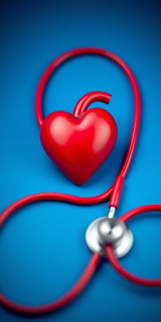 Create an image of a red heart with a stethoscope on a blue background featuring digital elements, shot with a Canon EOS R5, 50mm lens, f/1.8, ISO 100, with a shallow depth of field for a soft focus effect.