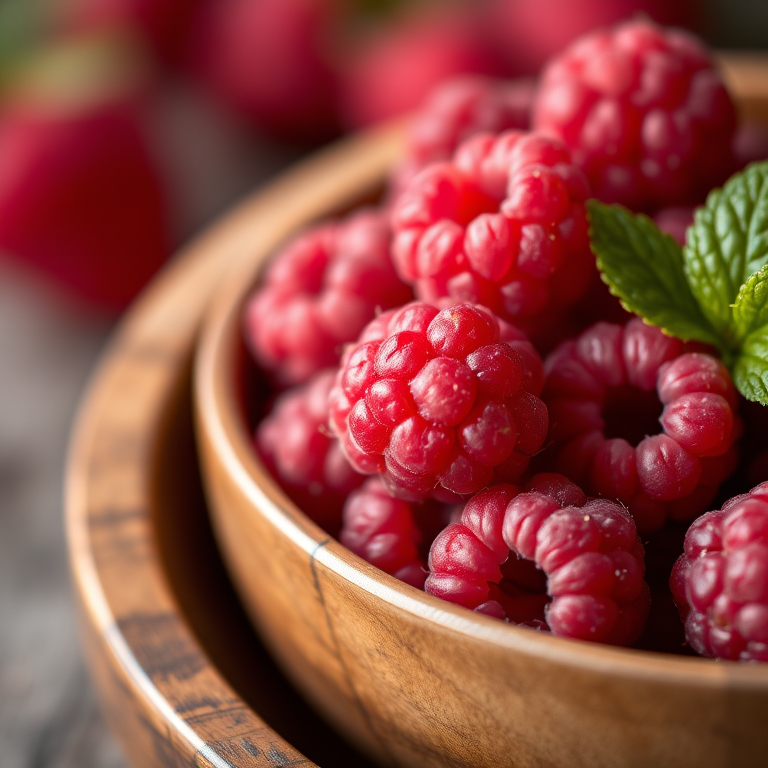 close-up shot of fresh raspberries in a wooden bowl, aperture f/2.8, shutter speed 1/60s, ISO 100, 50mm lens, natural light, macro photography
