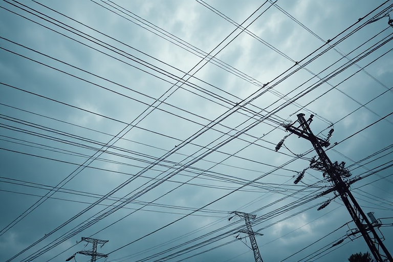 high-resolution image of an intricate network of overhead electric wires and structures, captured with a Canon EOS R5, aperture f/8, ISO 100, shutter speed 1/200s, wide-angle lens, shot from a low angle to emphasize the complexity of the lines against a moody sky.