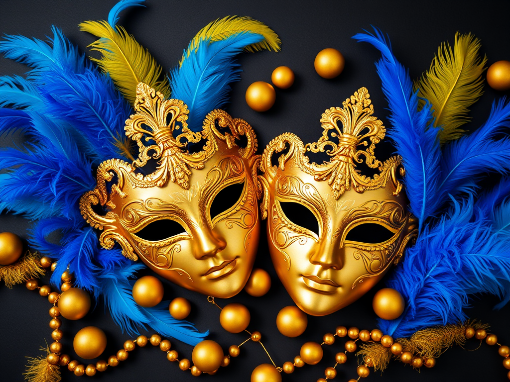 A beautifully arranged flat lay image of two ornate golden masquerade masks surrounded by vibrant blue and yellow feathers, golden balls, and a dark background, shot with a Canon EOS R5 at f/2.8, ISO 100, shutter speed 1/100s, in natural soft lighting for enhanced texture and detail.