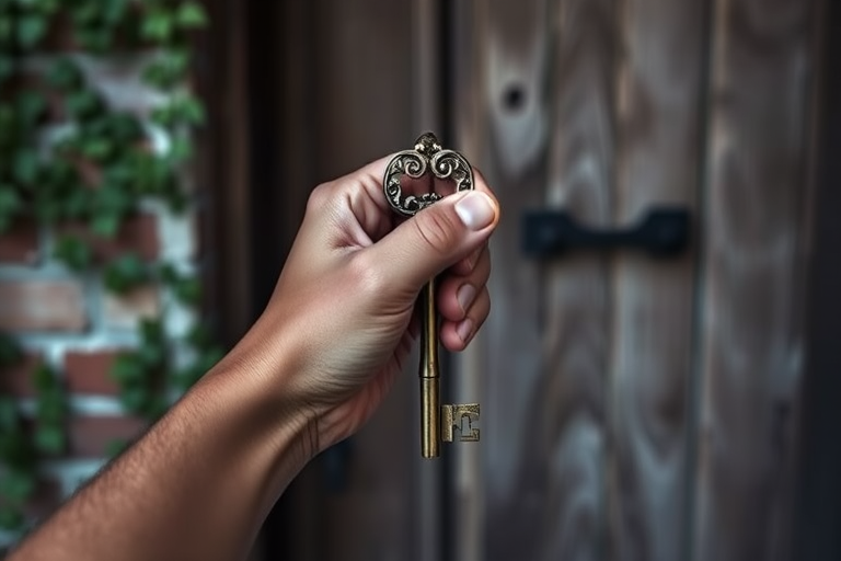 Softly lit, close-up of a hand holding a vintage key in front of an old wooden door, the intricate details of the metal key catching soft light, with ivy-covered bricks barely visible in the background.
