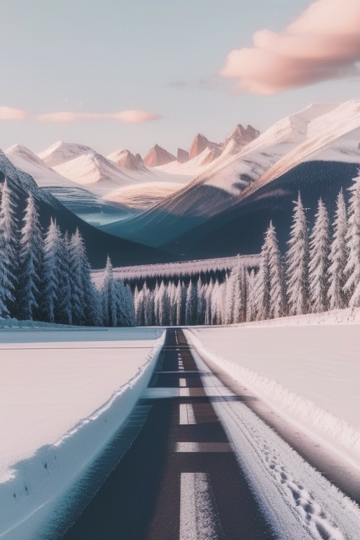 Serene Winter Landscape: A Snow-Covered Road Leading to Majestic Mountains