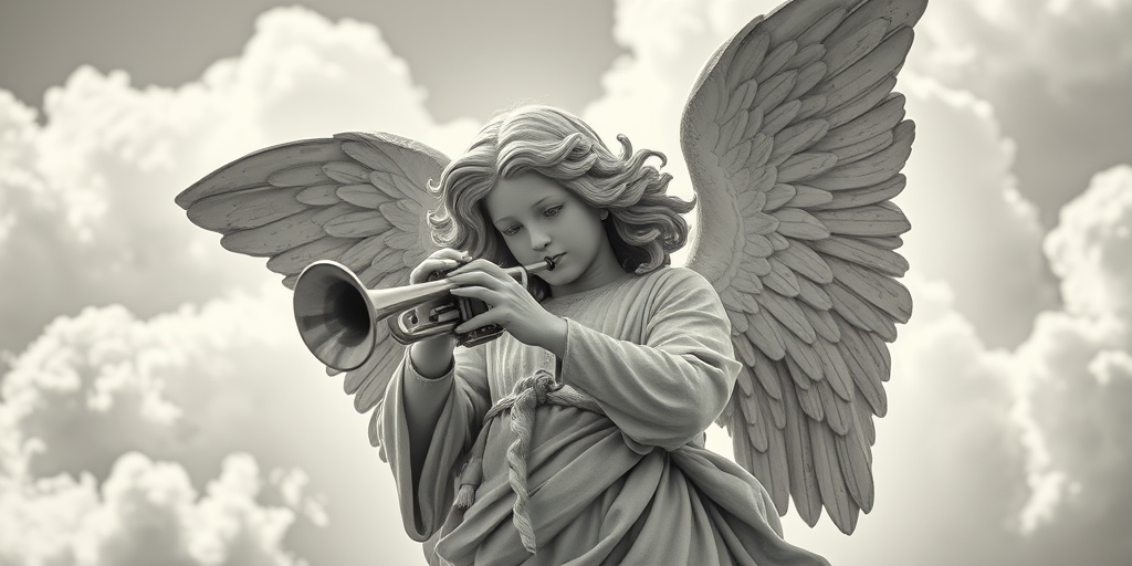 Create a highly detailed monochrome image of an angel with flowing hair playing a trumpet, surrounded by soft clouds, using a DSLR camera at f/2.8, ISO 100, 35mm lens, shot from a low angle with natural lighting to enhance texture and depth.