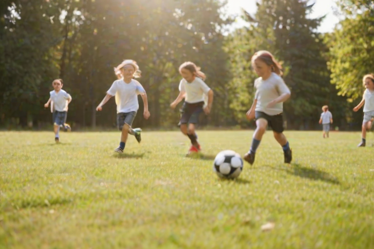 Blurry candid shot of a group of children playing soccer on a sun-drenched field, soft focus on the ball mid-air, with distant trees swaying in the summer breeze.