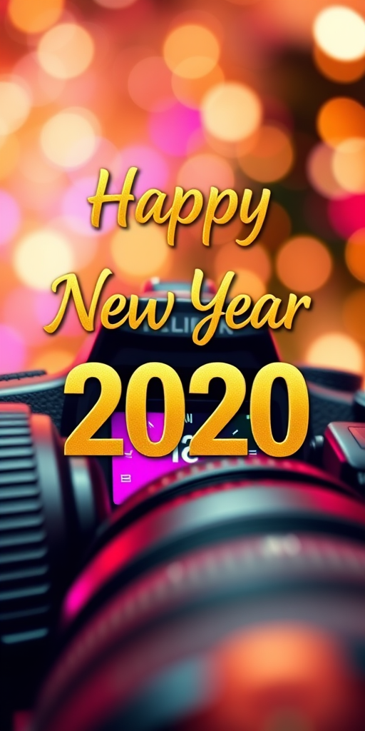 Create a vibrant and festive New Year graphic featuring the text "Happy New Year 2020" in gold, with a clock striking midnight, using a DSLR camera set to f/2.8 aperture, 24mm lens, ISO 100, 1/60s shutter speed, viewed from an eye-level angle in a bokeh style background with warm colors.