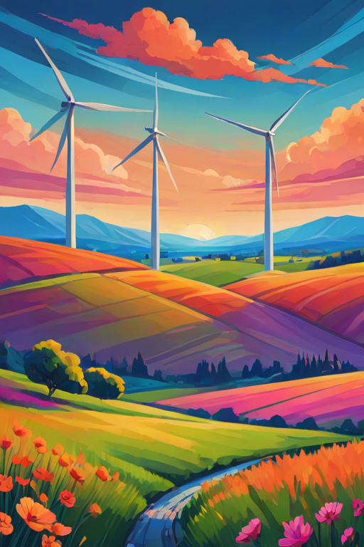 create an illustration of three wind turbines on a colorful landscape with rolling hills, featuring a vibrant sunset sky and abstract flora in the foreground.