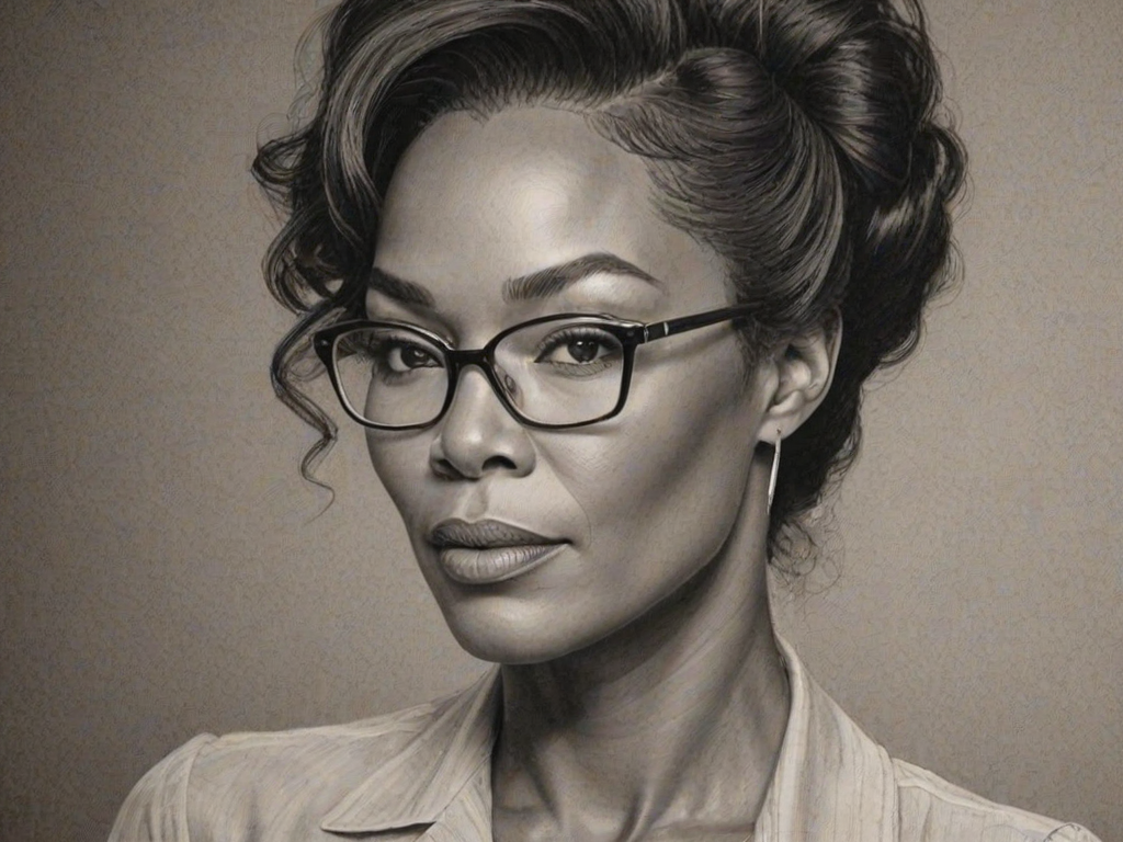 Exquisite Angela Bassett, pencil sketch, portrait of Attractive woman 1943s in glasses, hair style beatnik, outline, clear lines, fine lines, 8k