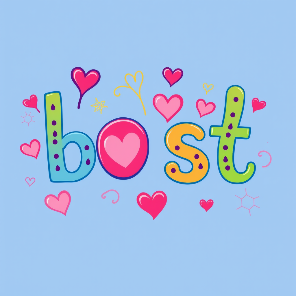 Create a colorful and playful illustration of the word "best" in a bold, fun font with hearts and swirls, using a Canon EOS R5 camera with a 50mm lens, f/1.8 aperture, 1/60 shutter speed, and vibrant color settings.