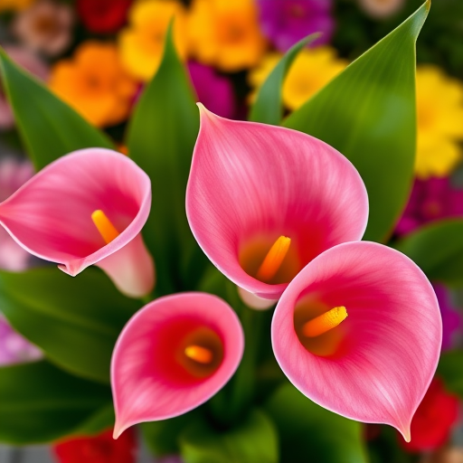 Close-up shot of vibrant calla lilies with pink petals and lush green leaves, blurred colorful flower background, ISO 100, f/2.8, 1/250 sec, 50mm lens, natural light, top-down view, DSLR camera.