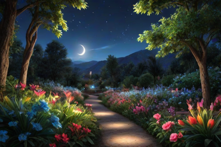 masterpiece, best quality, detailed, detailed background,mesmerise celestial moonlight,floral atmosphere,vibrant light-trail effect on a realistic,hyperdetailed glowing floral,luminous foliage,dreamlike oasis-garden, landscape, wide shot,