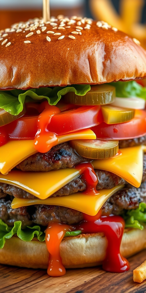 High-resolution, close-up image of a gourmet double cheeseburger. The burger features a glossy, sesame-seed-topped brioche bun. Inside, there are two thick, juicy beef patties, each topped with melted cheddar cheese. The burger is garnished with fresh lettuce, tomato slices, diced onions, and pickles. A generous amount of ketchup and a creamy, orange-colored sauce is dripping down the sides, adding to the mouth-watering appeal. In the background, there are blurred elements including a side of golden French fries and a hint of a beverage, enhancing the overall presentation of a delicious meal.