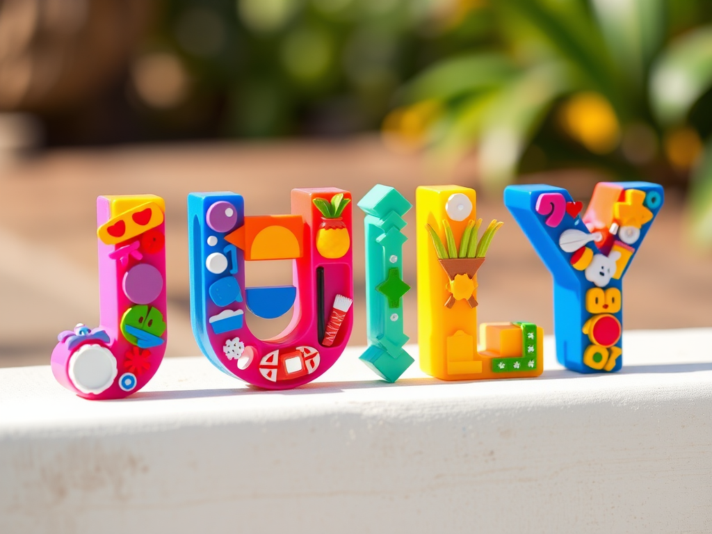 Create a vibrant, multicolored graphic of the word JULY made from various summer-themed icons, captured with a DSLR camera, 50mm lens, f/1.8 aperture, ISO 100, and in natural light for enhanced clarity and color saturation.