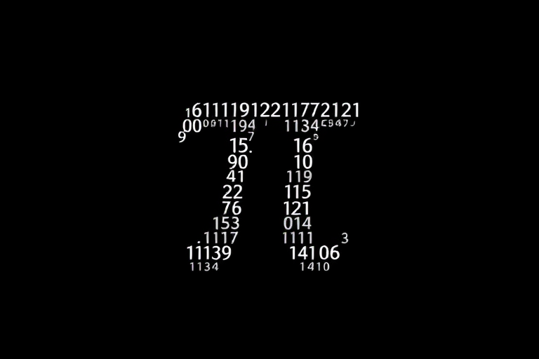 Create an artistic representation of the number pi made from numerical digits arranged in a flowing shape, use a 50mm lens at f/1.8, ISO 100, shutter speed 1/250s, in a low-key style with a black background for high contrast and sharp details.
