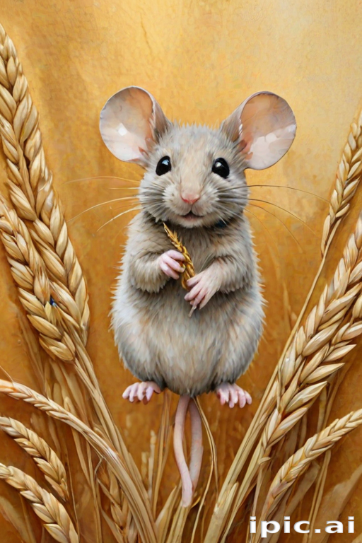Soft, muted Alcohol Ink with ebru effect background image of tiny whimsical mousey, who climbed high on the top of a golden rye ear.