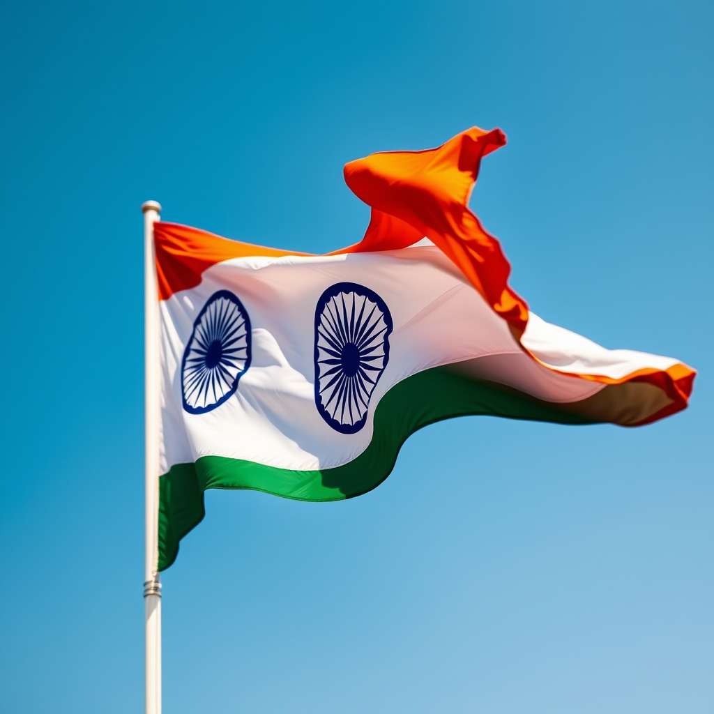 Create a highly detailed image of the Indian national flag waving in the wind, captured with a Canon EOS R5, 50mm lens, f/1.8 aperture, ISO 100, 1/200 sec shutter speed, in natural daylight to emphasize color vibrancy and texture.