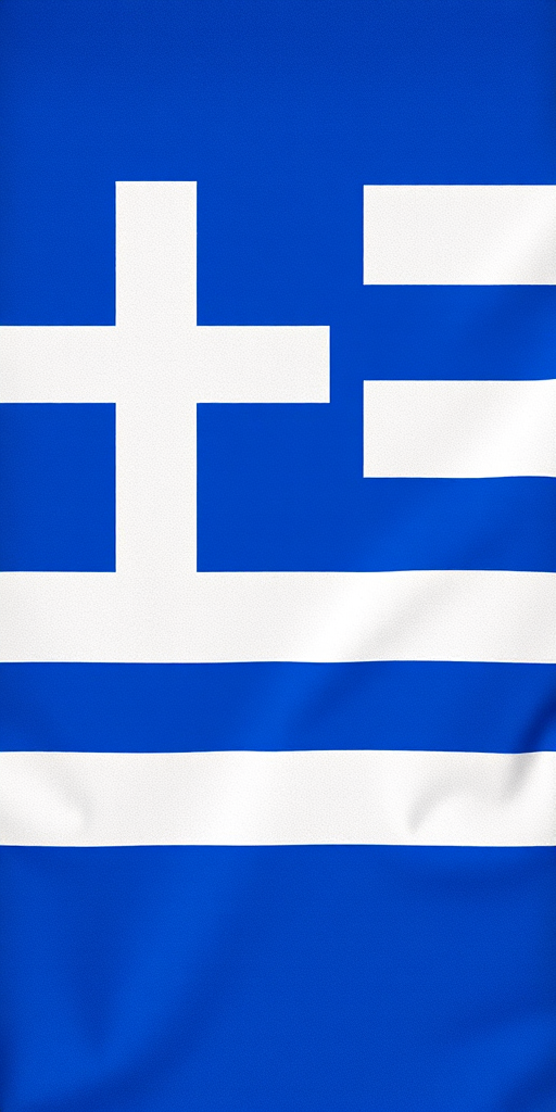 Generate a high-resolution image of the Greek flag with vibrant blue and white colors, using a DSLR camera with a 50mm lens, f/1.8 aperture, ISO 100, and a landscape orientation for sharp details and clear textures.
