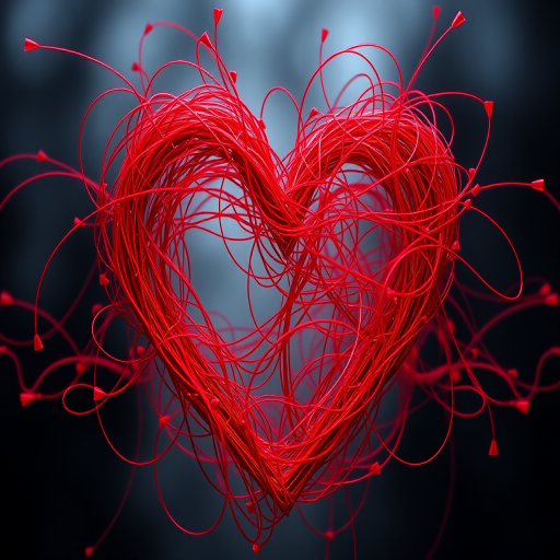 create a vibrant, chaotic red heart shape with tangled lines, high resolution, 50mm lens, aperture f/1.8, ISO 100, soft focus, taken from a slightly angled view using a DSLR camera