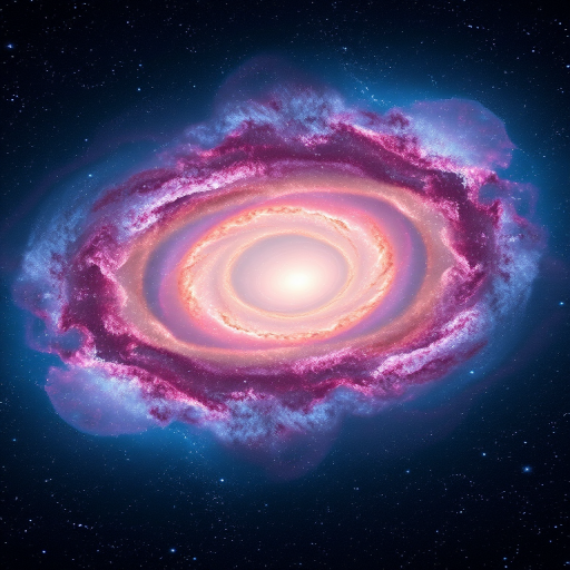 Generate a vibrant and detailed image of a spiral galaxy with swirling clouds of pink and blue gas, captured using a DSLR camera at f/4.0 aperture, 24mm focal length, ISO 100, in a wide-angle view, utilizing a long exposure technique to enhance star visibility and color depth.