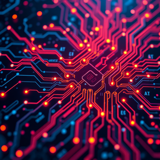 Create a high-resolution image of an abstract digital circuit with glowing nodes and intricate patterns, using a DSLR camera with a 50mm lens, f/1.8 aperture, ISO 100, and a shallow depth of field to achieve a vibrant, futuristic look from a top-down view.