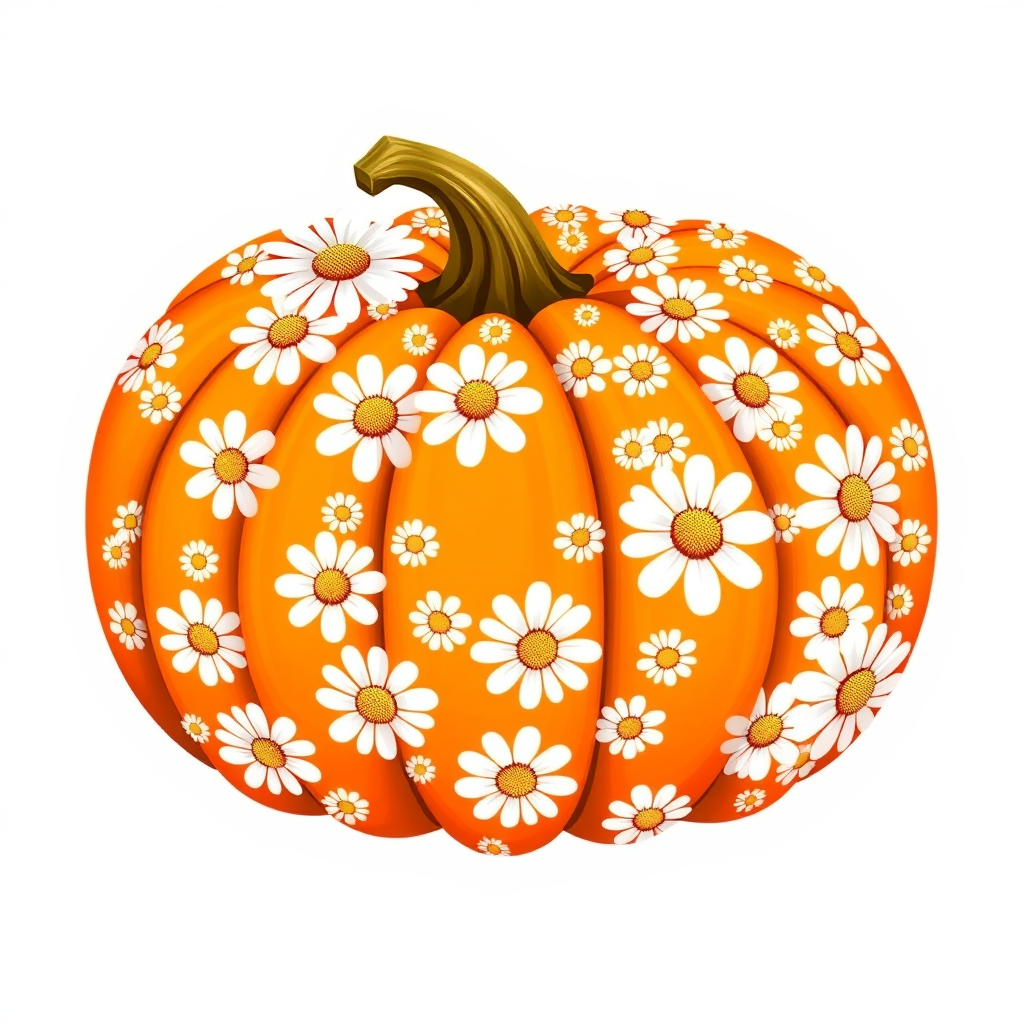 a whimsical orange pumpkin with white daises pattern covering the pumpkin. Solid white background sublimation vector 3000dpi 32k