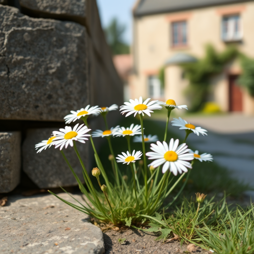 A cluster of white daisies growing next to a rustic stone wall, with a softly blurred background showcasing a quaint, traditional building, captured with a DSLR camera using a 50mm lens at f/2.8, ISO 100, and natural lighting for enhanced vibrancy and depth of field.