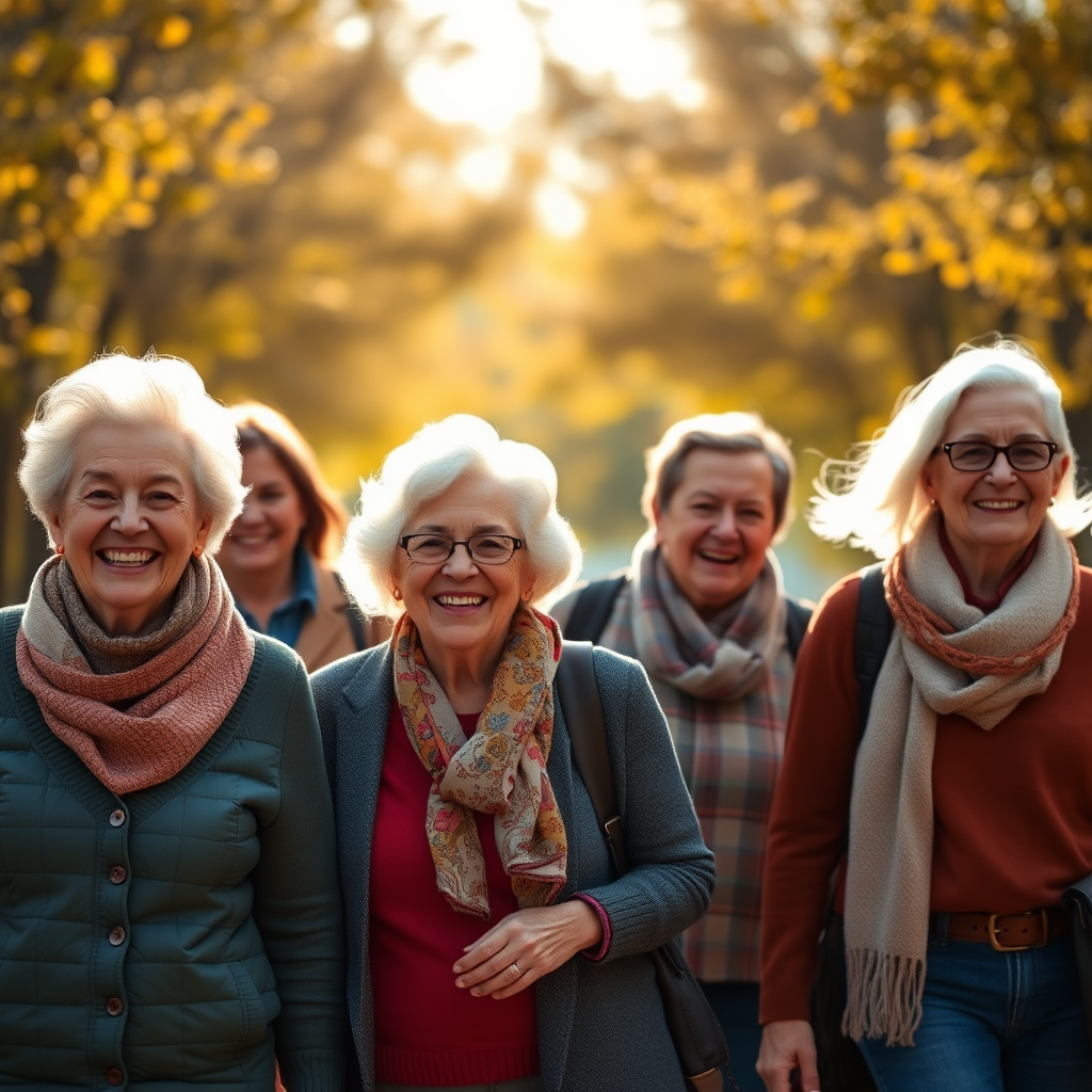Group of diverse older adults walking together with smiles in a sunlit autumn setting, captured with a Canon EOS R5, 85mm f/1.8 lens, aperture f/2.8, ISO 100, shallow depth of field with a soft bokeh background to enhance image quality.