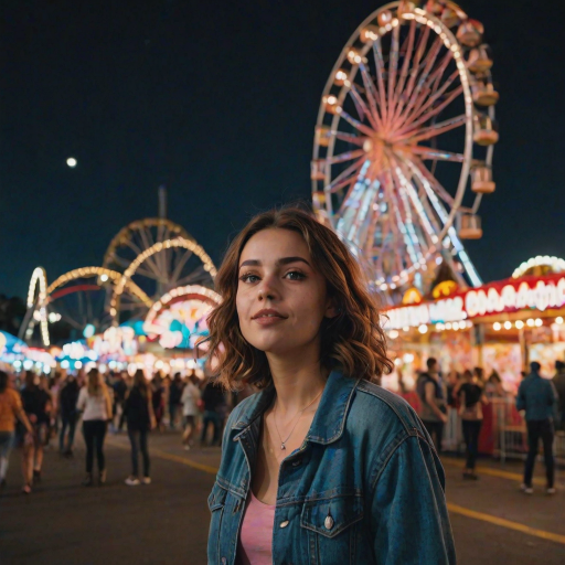 Bustling carnival at night, with bright lights and colorful tents, a woman in a denim jacket stands in front of a Ferris wheel, cotton candy in hand, her eyes lit with excitement.