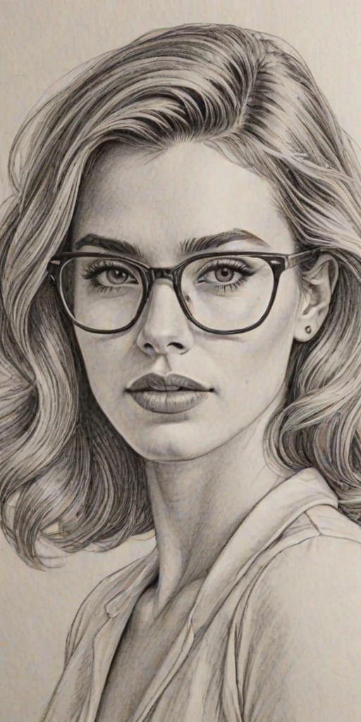 Enticing Arielle Vandenberg, pencil sketch, portrait of Lovely woman 1946s in glasses, hair style beatnik, outline, clear lines, fine lines, 8k