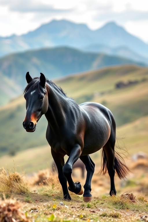 black horse walking on a hill with mountains in the background, natural lighting, shallow depth of field, ISO 100, aperture f/2.8, shutter speed 1/500s, taken with a DSLR camera, landscape orientation