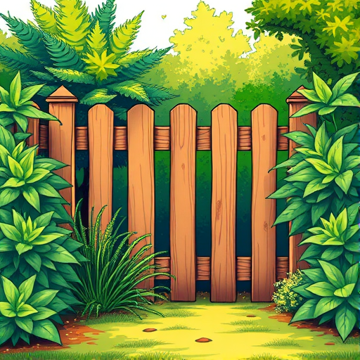 Generate a vibrant illustration of a wooden fence surrounded by lush green bushes and plants, with a focus on clarity and detail, using a digital drawing style with a 300 DPI resolution, wide-angle view, and bright color palette.