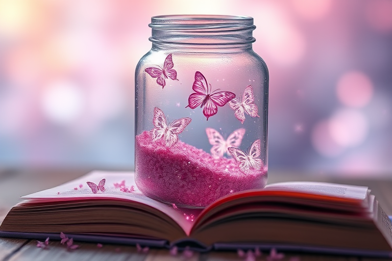 Create an enchanting scene featuring a glass jar filled with sparkling pink sand. Inside the jar, delicate butterflies flutter around, glowing softly with shades of pink and purple. The background should be a dreamy, blurred mix of colors, evoking a magical atmosphere. Include an open book beneath the jar, with pages gently turning as if stirred by a breeze. Add subtle twinkling stars around the jar to enhance the whimsical feel.