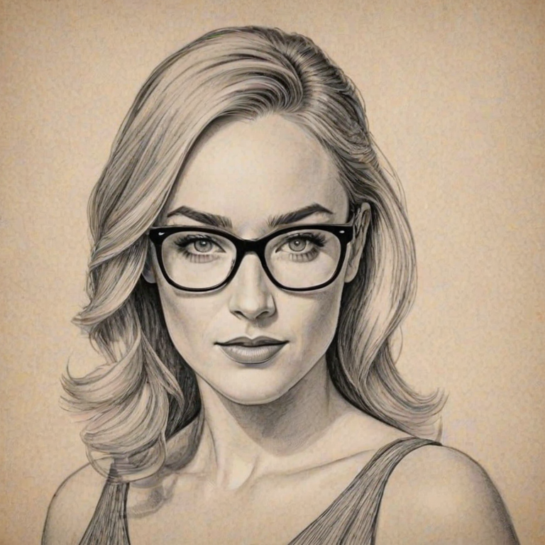 Resplendent Caity Lotz, pencil sketch, portrait of Ravishing woman 1955s in glasses, hair style beatnik, outline, clear lines, fine lines, 8k