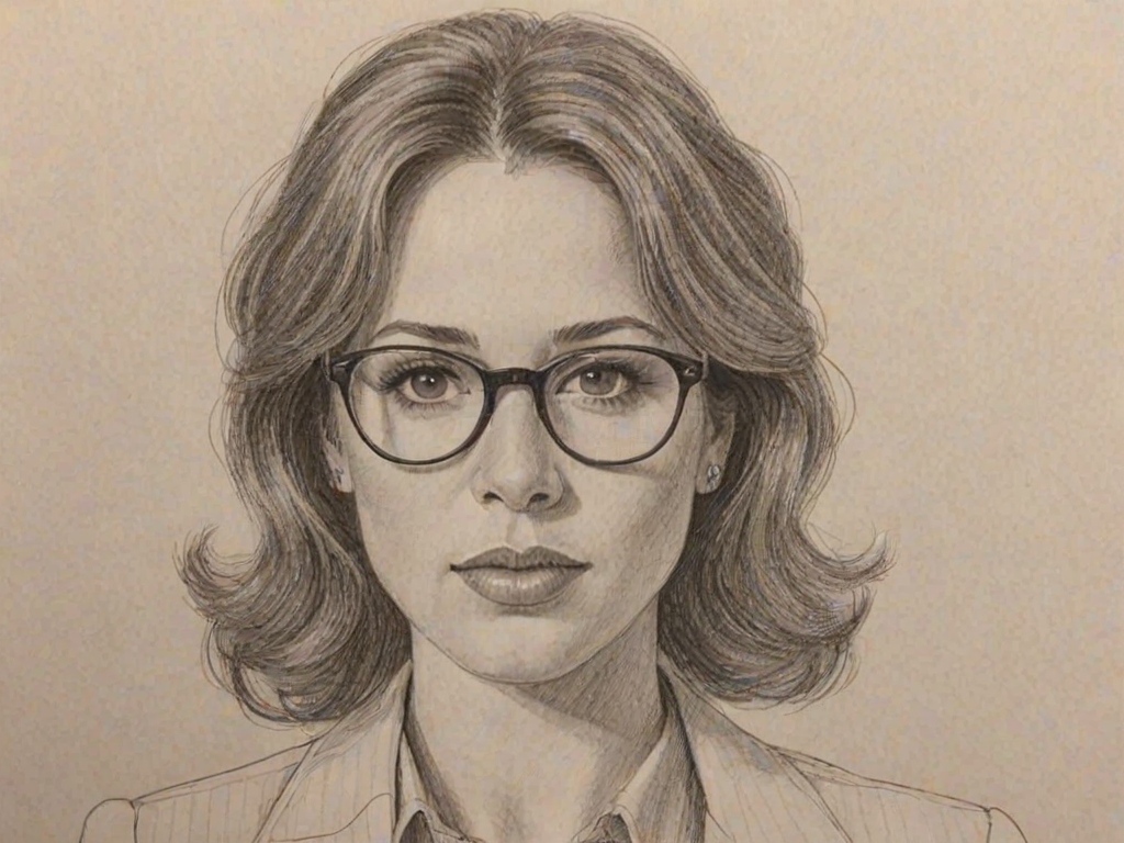 Ravishing Marla Sokoloff, pencil sketch, portrait of Magnificent woman 1977s in glasses, hair style beatnik, outline, clear lines, fine lines, 8k